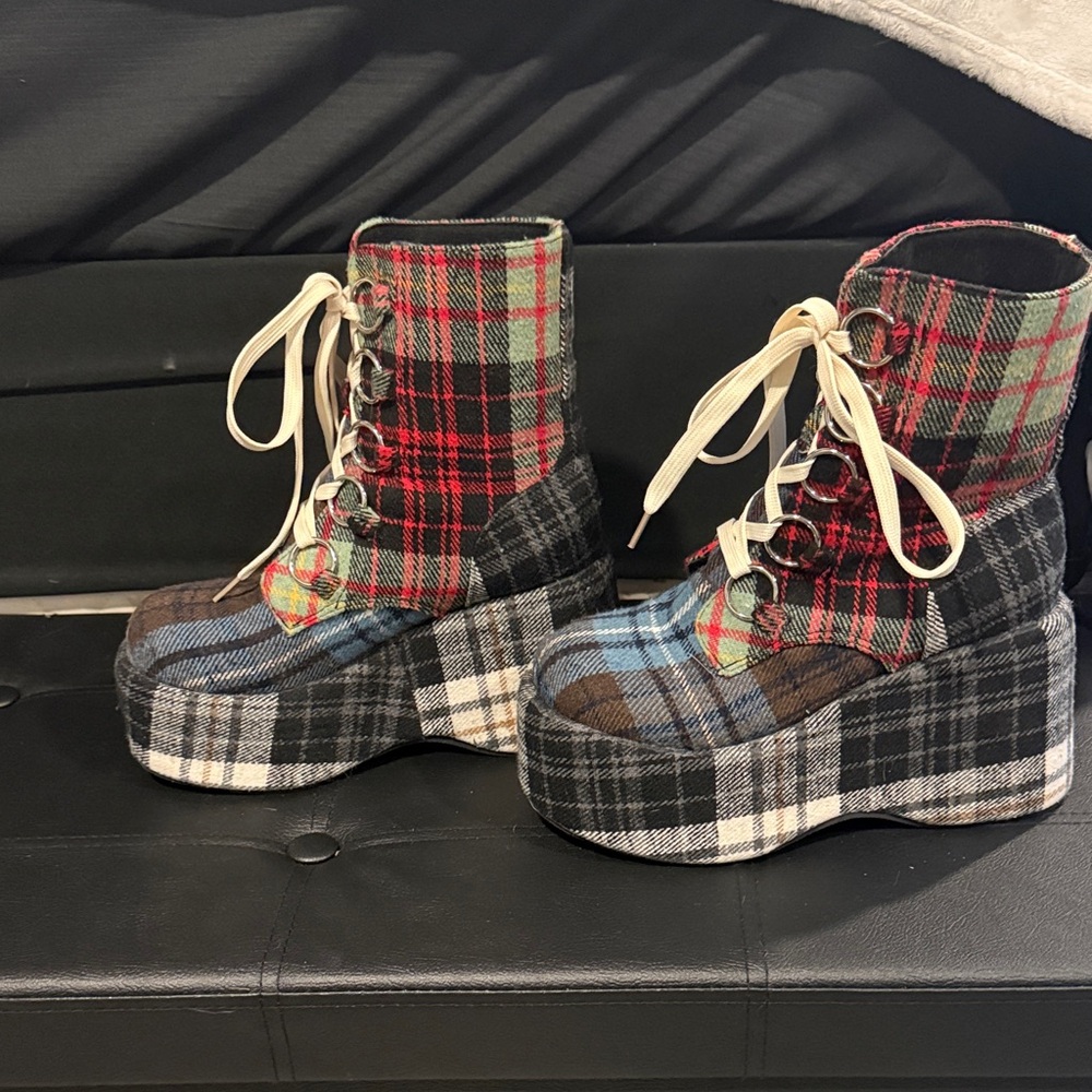 Plaid Platform Lace-Up Boots